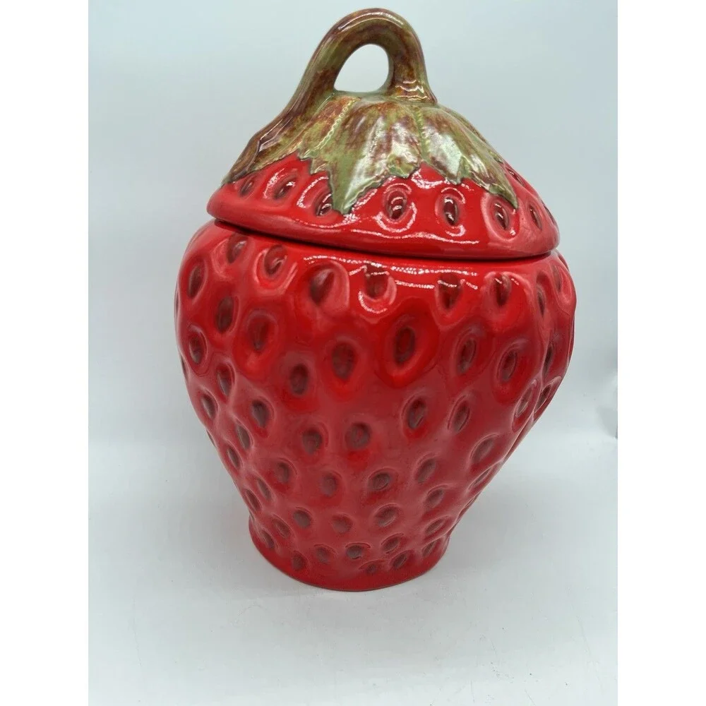 LARGE Strawberry Shaped  Canister Cookie Jar 11
